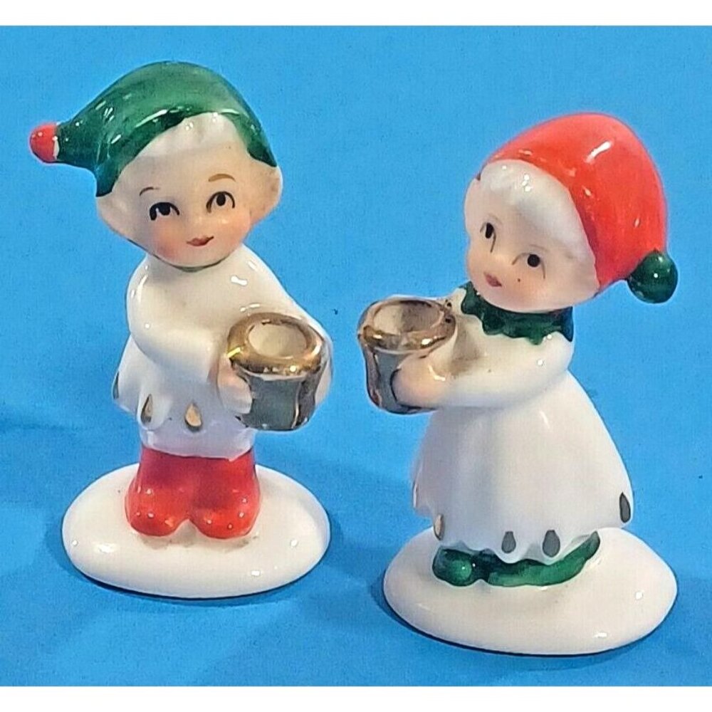 Vintage Napco Christmas Miniature Elf Candle Holders Bone China 2" Mini